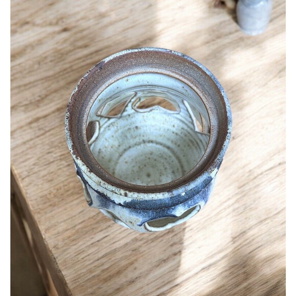 Vintage Stoneware studio Art Pottery Reticulated Candle Holder Signed Heart - Picture 6 of 7